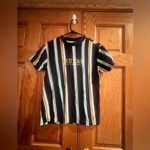 GUESS - Striped Logo Tee in Navy, Light Blue & Yellow